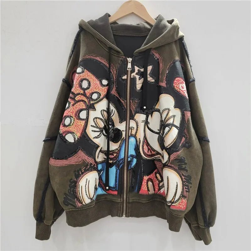 Hooded Jacket + Heavy Embroidery Cartoon Print + Oversized Style - SN Wigs & More