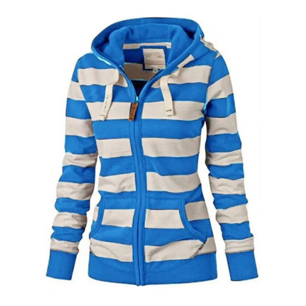 Hooded Sweatshirt Jacket Zipper Closure Striped Print Lightweight Knit Casual Winter Style - SN Wigs & More