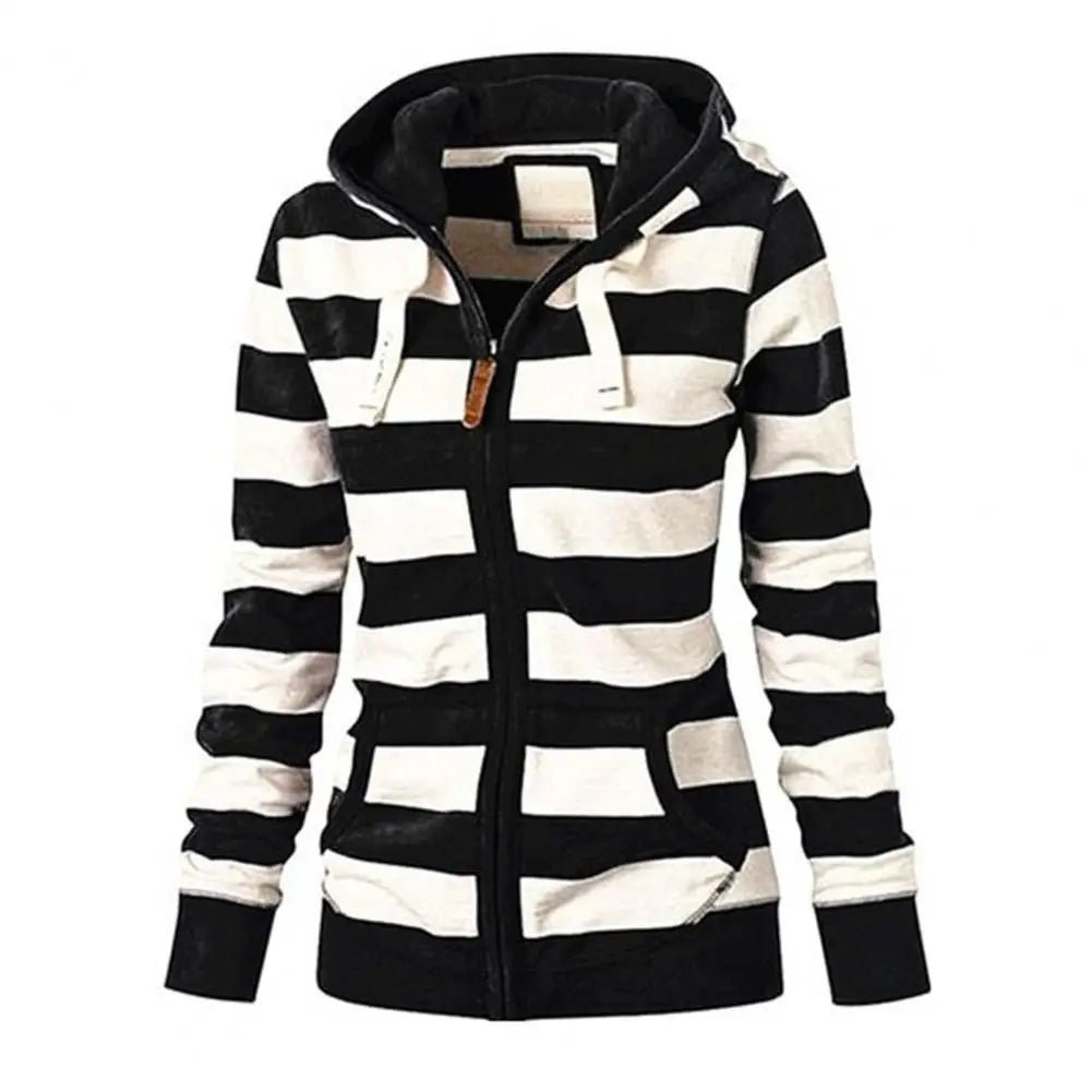Hooded Sweatshirt Jacket Zipper Closure Striped Print Lightweight Knit Casual Winter Style - SN Wigs & More