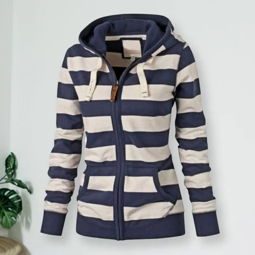 Hooded Sweatshirt Jacket Zipper Closure Striped Print Lightweight Knit Casual Winter Style - SN Wigs & More