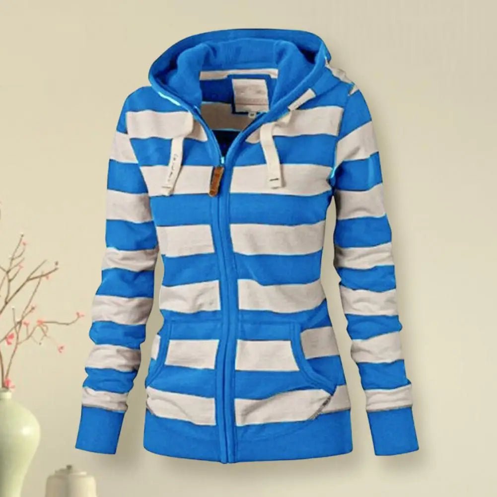 Hooded Sweatshirt Jacket Zipper Closure Striped Print Lightweight Knit Casual Winter Style - SN Wigs & More