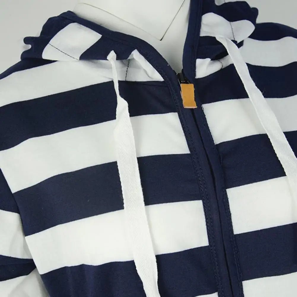 Hooded Sweatshirt Jacket Zipper Closure Striped Print Lightweight Knit Casual Winter Style - SN Wigs & More