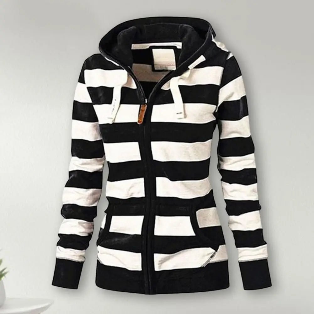Hooded Sweatshirt Jacket Zipper Closure Striped Print Lightweight Knit Casual Winter Style - SN Wigs & More