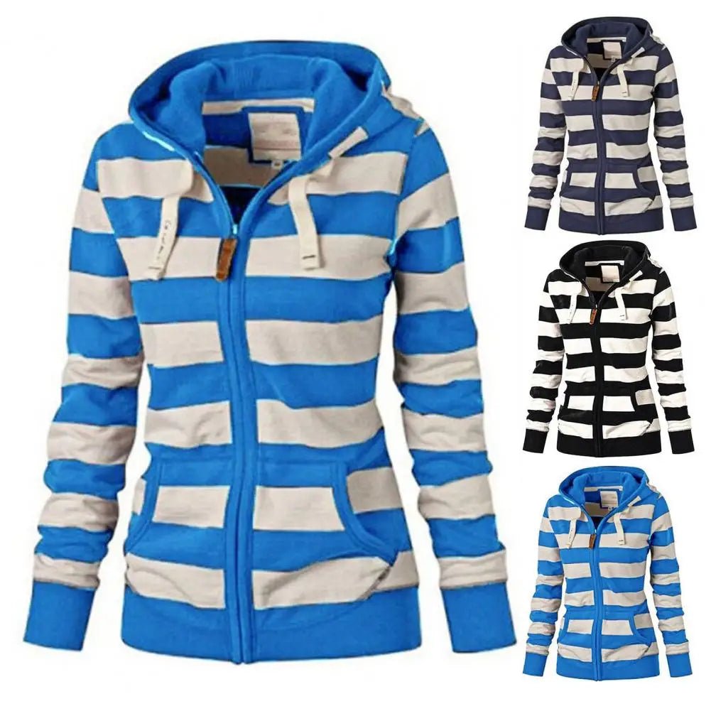 Hooded Sweatshirt Jacket Zipper Closure Striped Print Lightweight Knit Casual Winter Style - SN Wigs & More