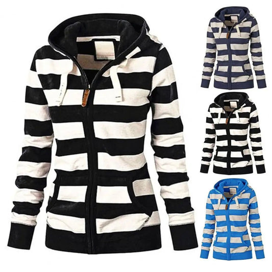 Hooded Sweatshirt Jacket Zipper Closure Striped Print Lightweight Knit Casual Winter Style - SN Wigs & More