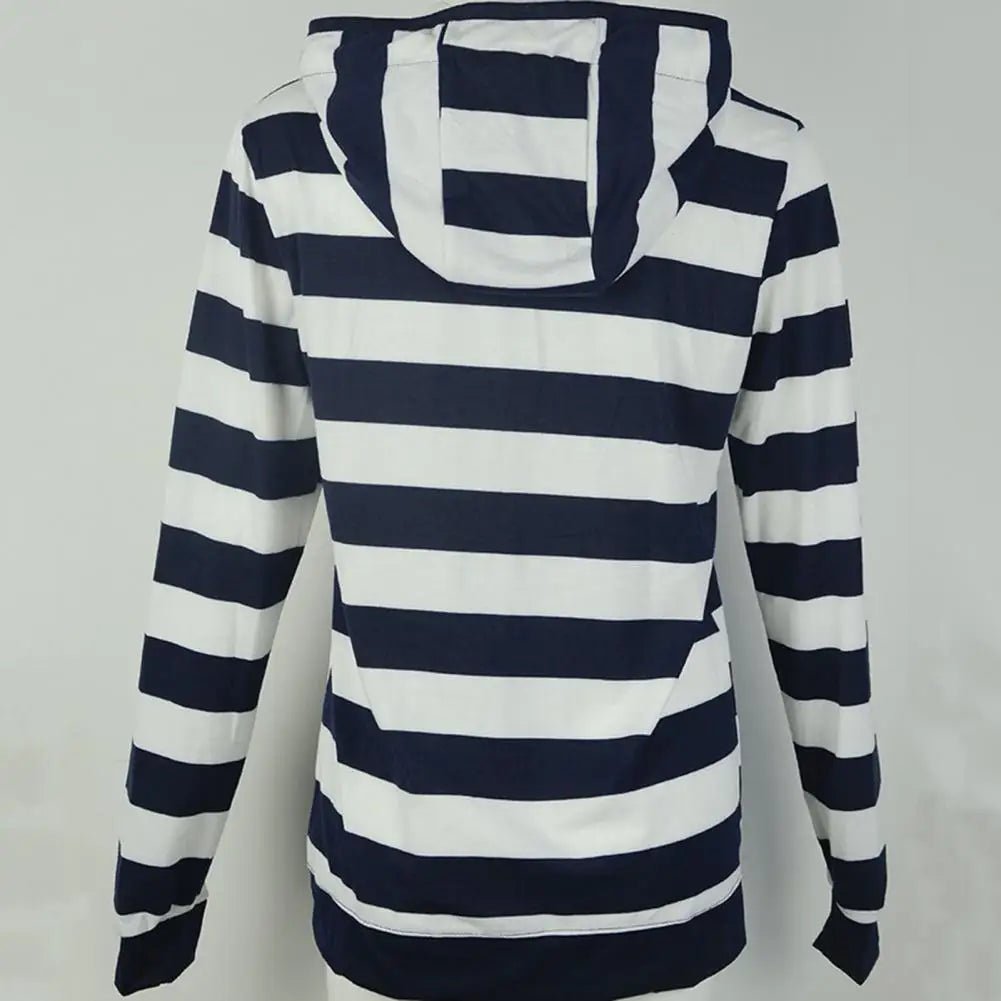 Hooded Sweatshirt Jacket Zipper Closure Striped Print Lightweight Knit Casual Winter Style - SN Wigs & More