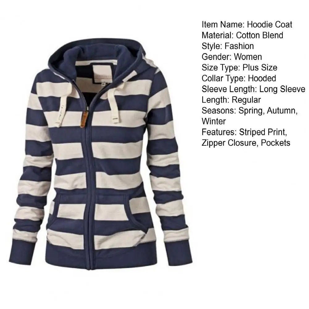 Hooded Sweatshirt Jacket Zipper Closure Striped Print Lightweight Knit Casual Winter Style - SN Wigs & More