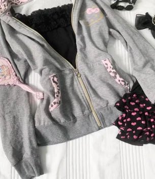 Hooded Sweatshirt With Pink Leopard Print Zipper Bow Accent Gothic Punk Casual Style - SN Wigs & More