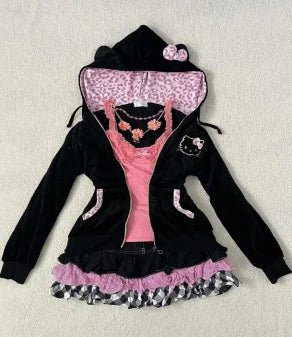 Hooded Sweatshirt With Pink Leopard Print Zipper Bow Accent Gothic Punk Casual Style - SN Wigs & More