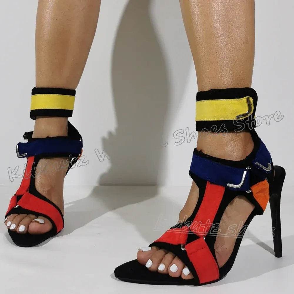 Hook&loop Patchwork Sandals Buckle Strap Pointy Thin Heels Fashion Luxury Elegant Comfortable Novelty Women Shoes Newest Leather