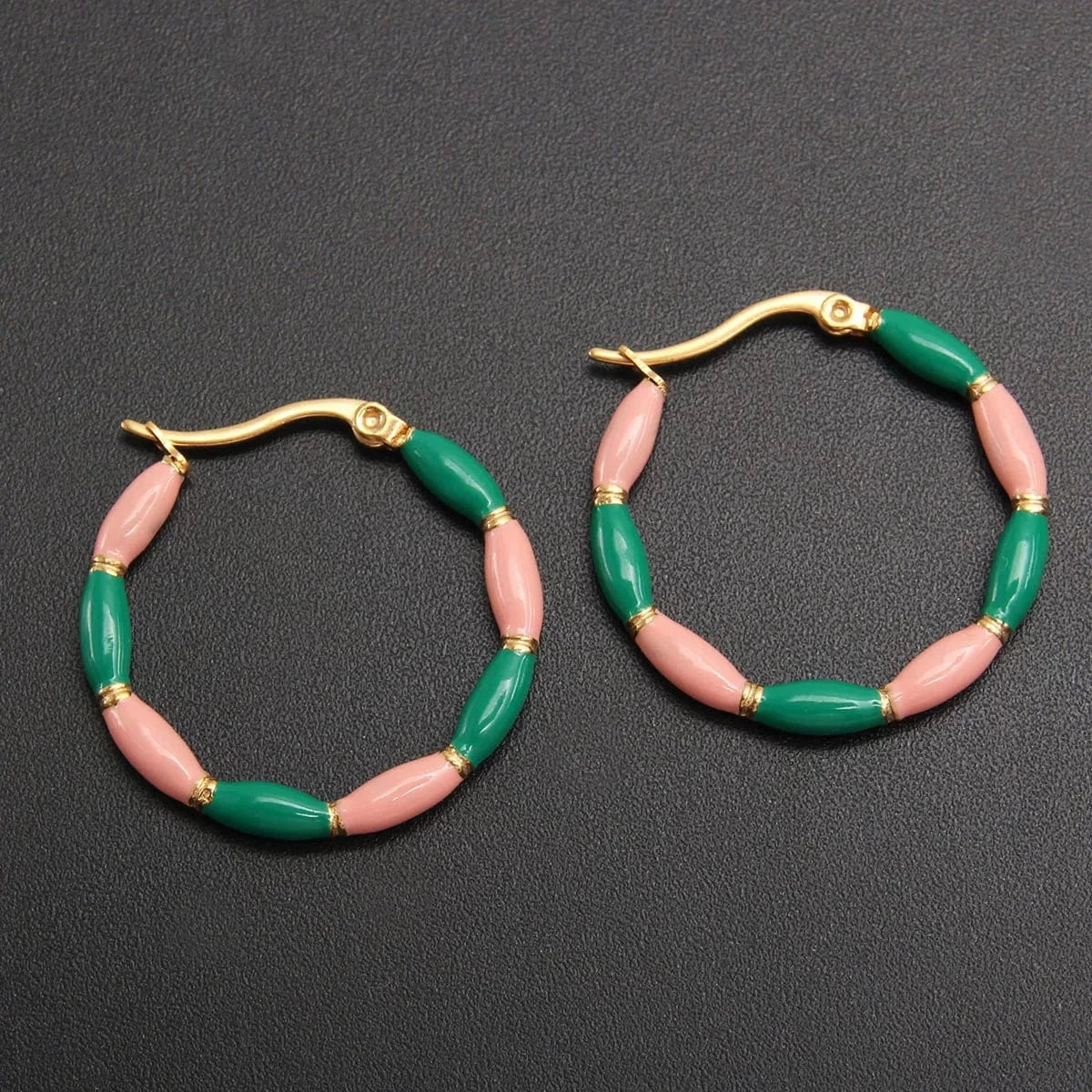 Hoop Earring / 3CM/1.18In / Green Pink Fashion Contrast Color Round Enamel Hoop Earrings Statement 18K Gold Plated Earrings Stainless Steel Women Luxury Jewelry Gift