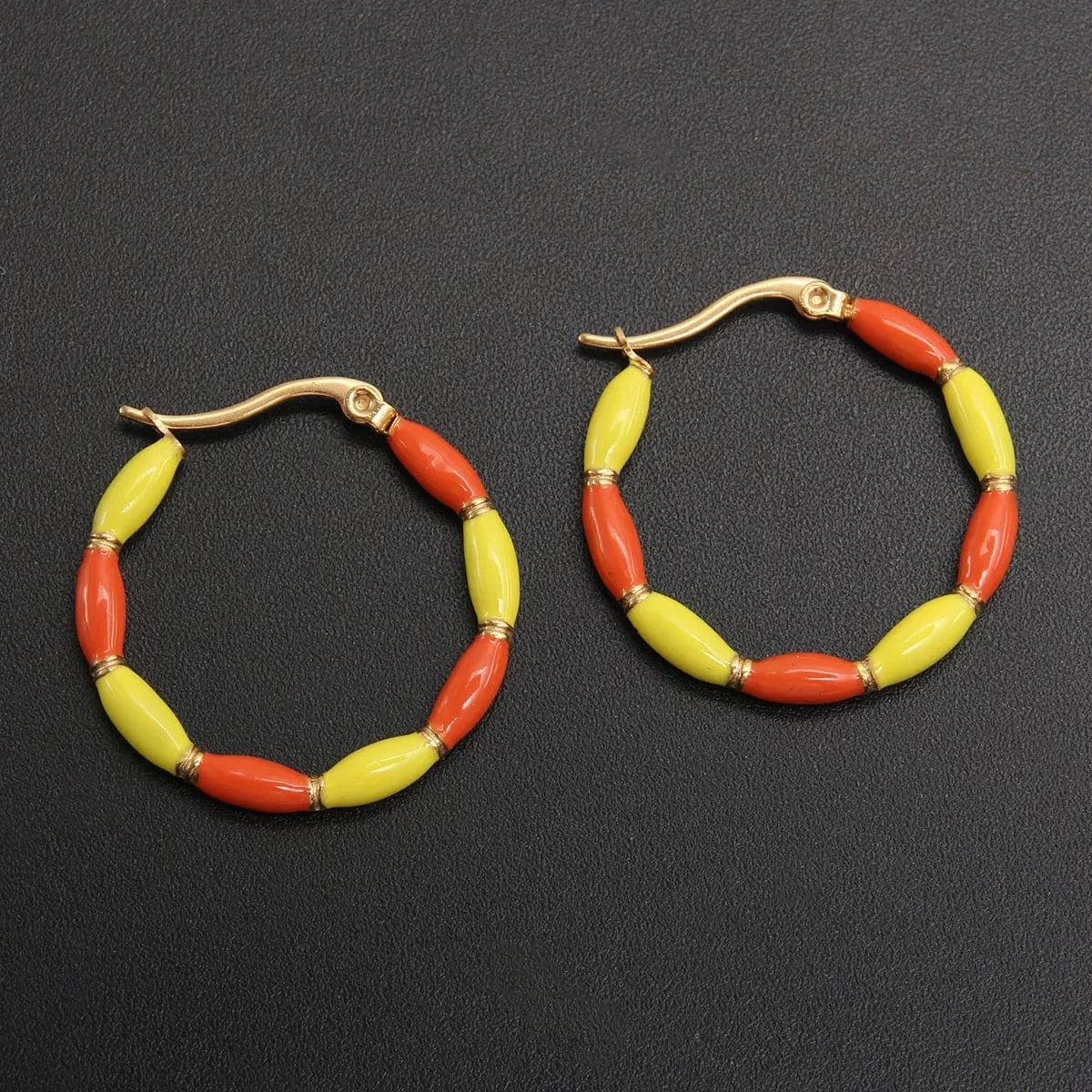 Hoop Earring / 3CM/1.18In / Orange Yellow Fashion Contrast Color Round Enamel Hoop Earrings Statement 18K Gold Plated Earrings Stainless Steel Women Luxury Jewelry Gift