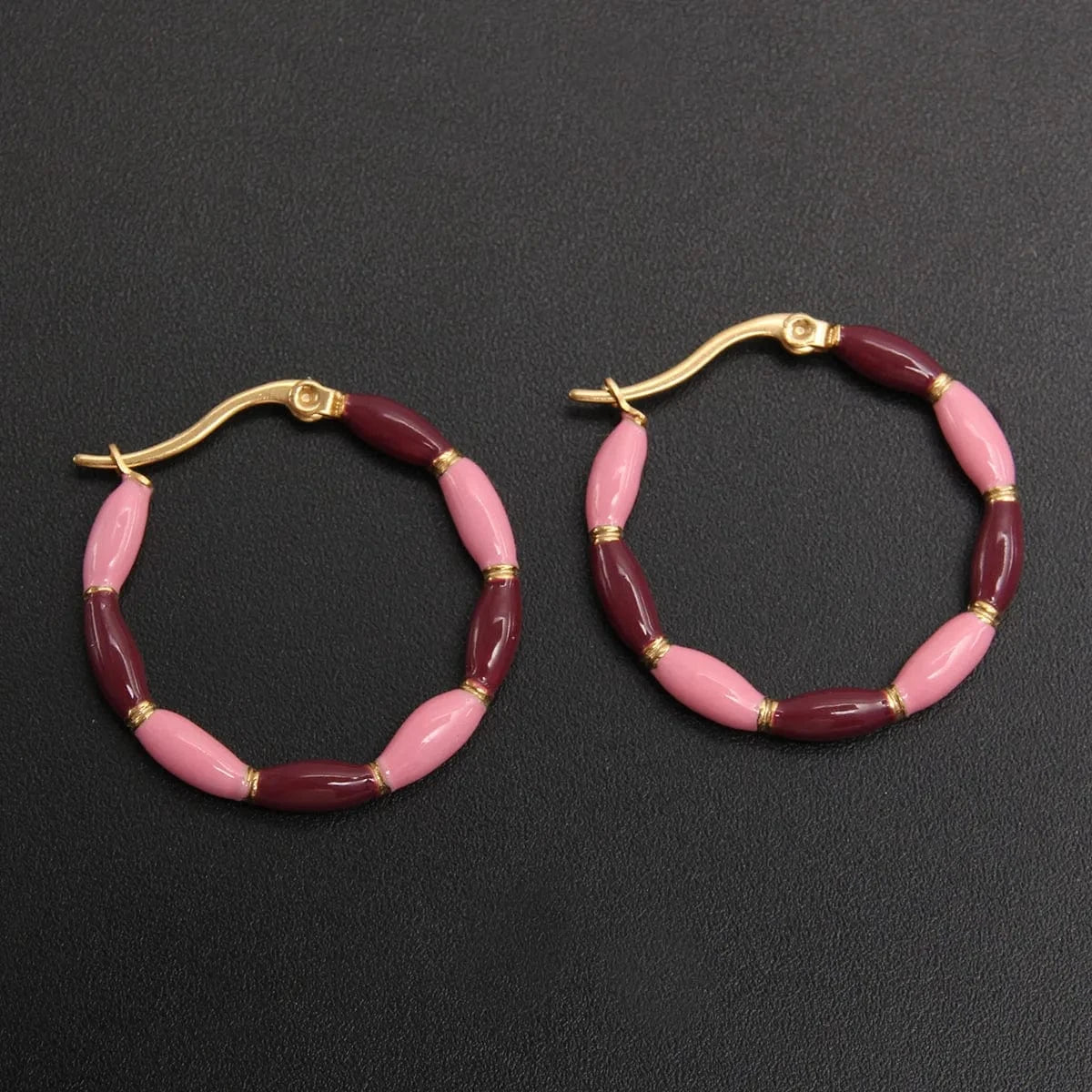 Hoop Earring / 3CM/1.18In / Pink Brown Fashion Contrast Color Round Enamel Hoop Earrings Statement 18K Gold Plated Earrings Stainless Steel Women Luxury Jewelry Gift