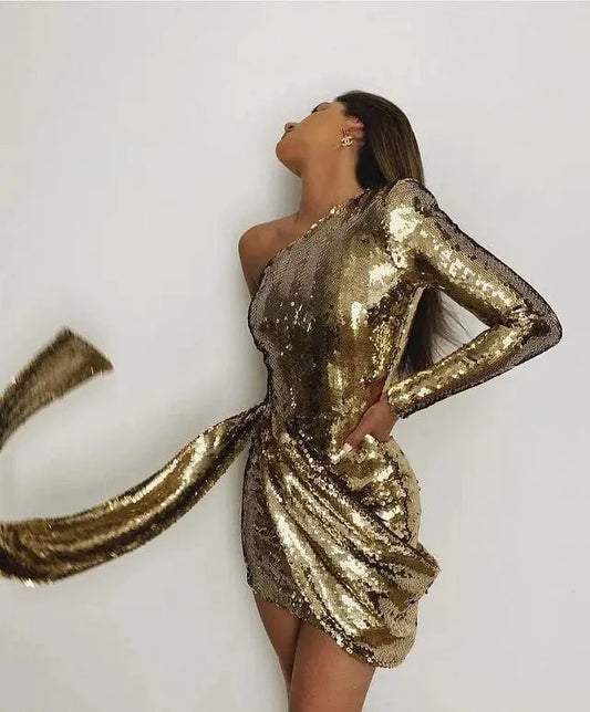 Hot party holiday celebration sexy one-shoulder long sleeve mini sequined cocktail dress