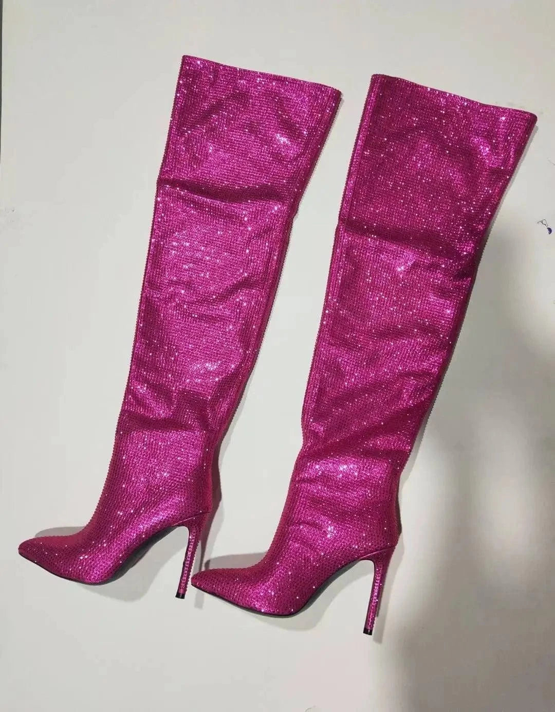 Hot Pink Botas Largas Rhinestone Western Style Tube Stocking Heel Plus Size Over the Knee Thigh High Boots