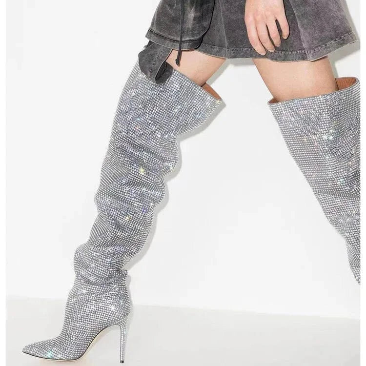 Hot Pink Botas Largas Rhinestone Western Style Tube Stocking Heel Plus Size Over the Knee Thigh High Boots