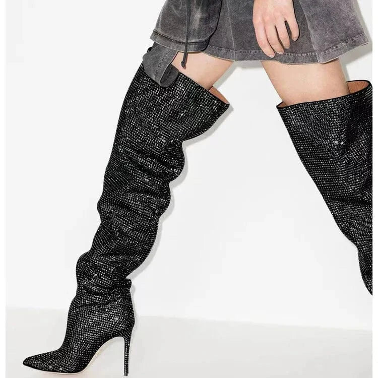 Hot Pink Botas Largas Rhinestone Western Style Tube Stocking Heel Plus Size Over the Knee Thigh High Boots