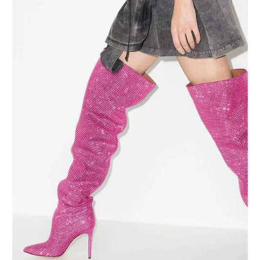 Hot Pink Botas Largas Rhinestone Western Style Tube Stocking Heel Plus Size Over the Knee Thigh High Boots