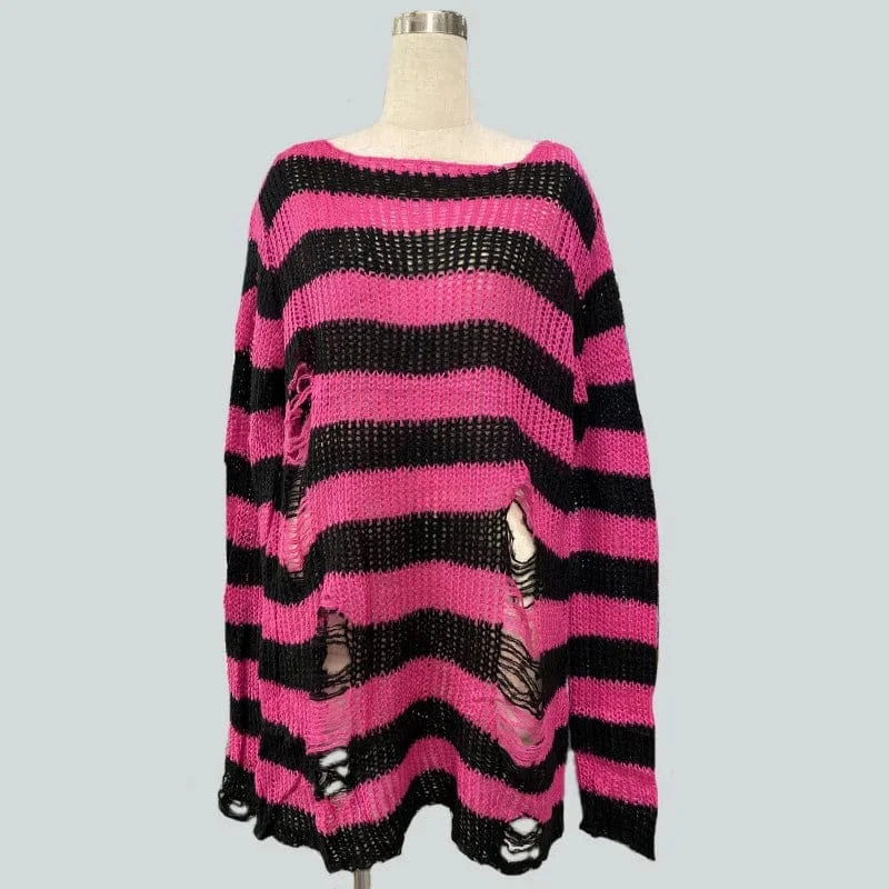 Hot Pink / One Size 90s Goth Punk Women Street Fashion Stripe Loose Gothic Knitted Ripped Distressed Design Jumper Oversized Pullovers Top Sweater