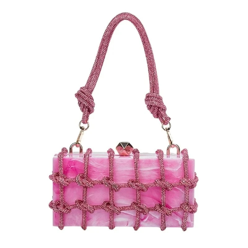 Hot Pink Transparent Wedding Party Handbags for Women Luxury Clear Acrylic Box Purse Woven Knotted Rhinestone Clutch Bag Evening Bags