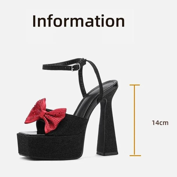 Hot sale 2024 new denim thick high heel waterproof platform rhinestone bow stage catwalk shoes