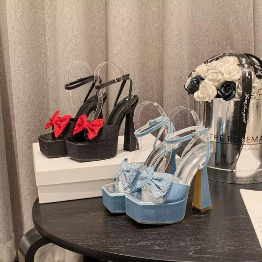 Hot sale 2024 new denim thick high heel waterproof platform rhinestone bow stage catwalk shoes
