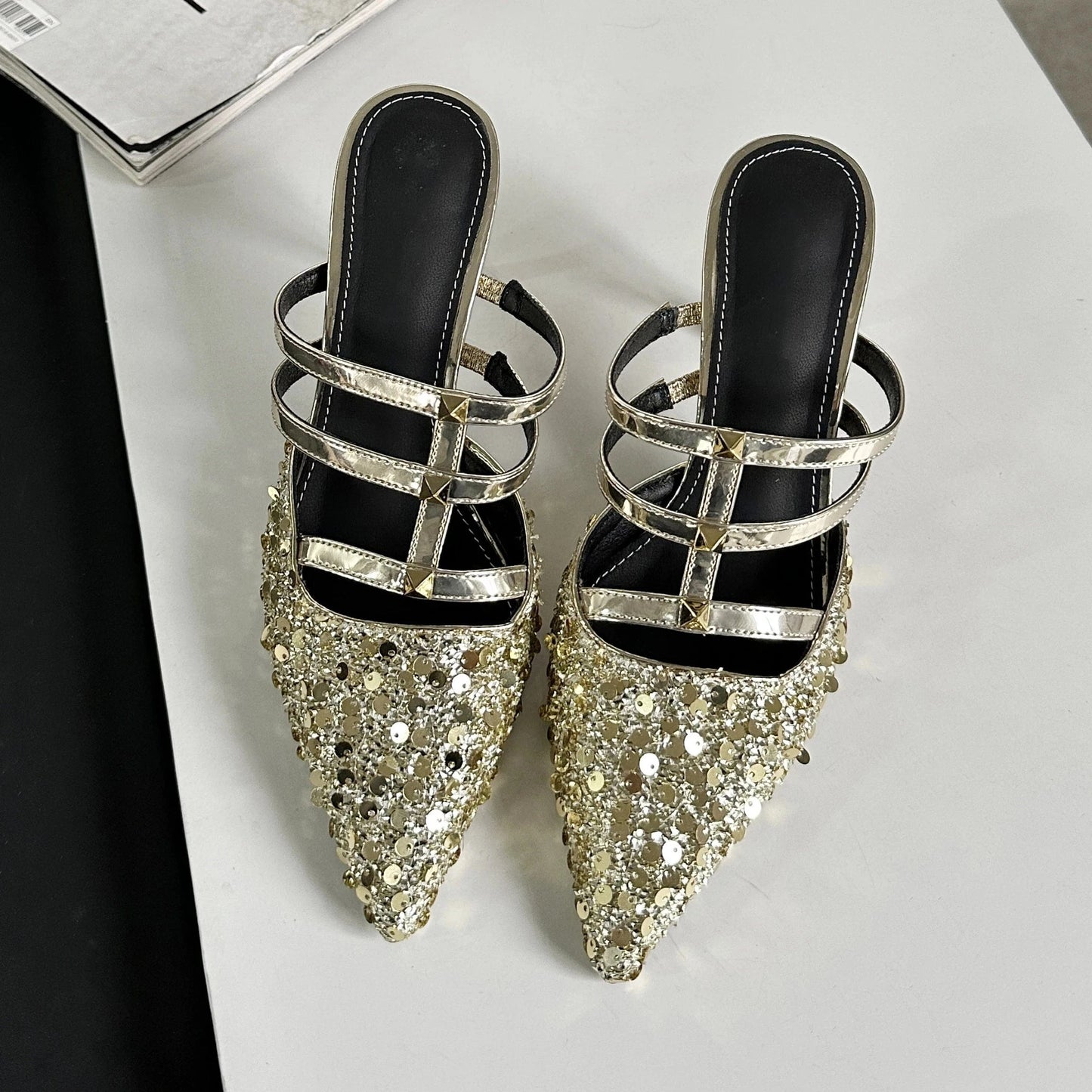 Hot sale 2024 new fashion slippers sequins pointed heel shoes 8.5cm high heels hypermarket