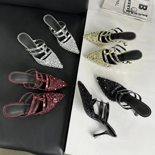 Hot sale 2024 new fashion slippers sequins pointed heel shoes 8.5cm high heels hypermarket