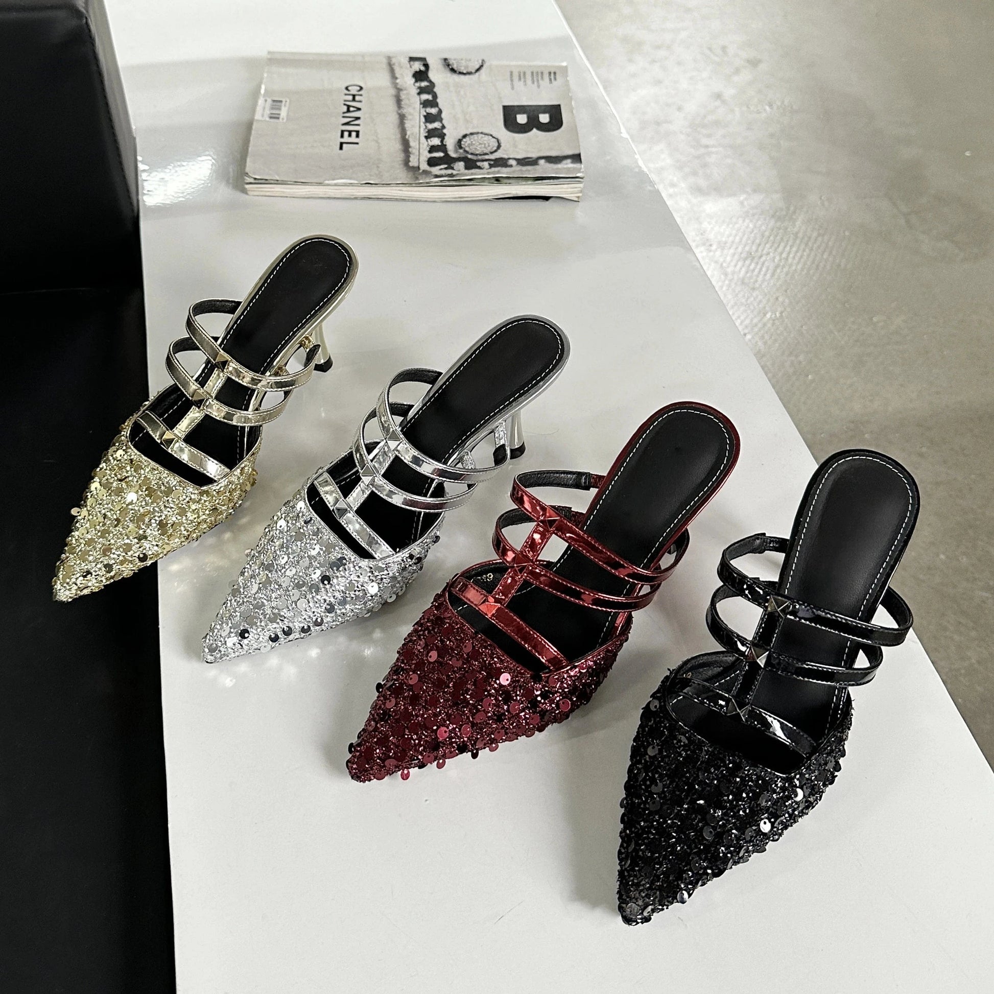 Hot sale 2024 new fashion slippers sequins pointed heel shoes 8.5cm high heels hypermarket
