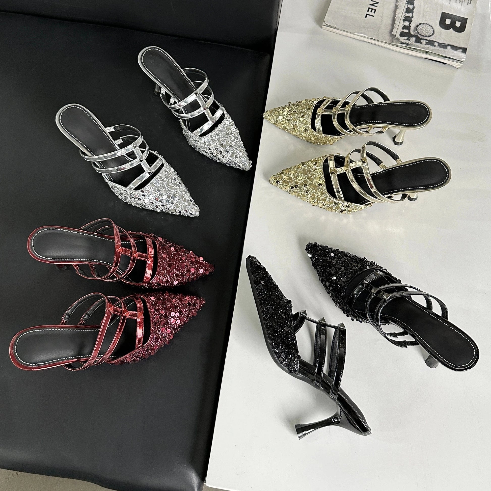 Hot sale 2024 new fashion slippers sequins pointed heel shoes 8.5cm high heels hypermarket