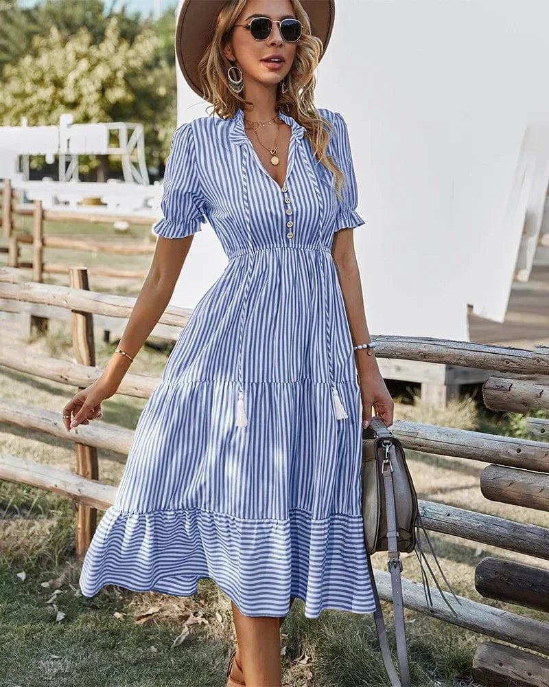 Hot Sale 2024 summer fashion striped v neck puff sleeve ruffle hem casual midi dress women