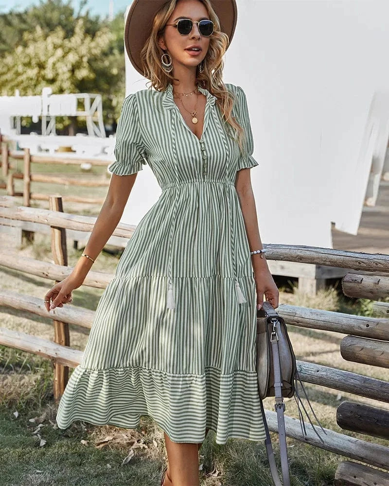 Hot Sale 2024 summer fashion striped v neck puff sleeve ruffle hem casual midi dress women