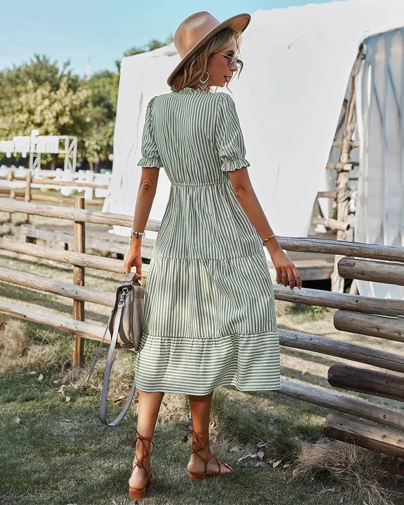 Hot Sale 2024 summer fashion striped v neck puff sleeve ruffle hem casual midi dress women