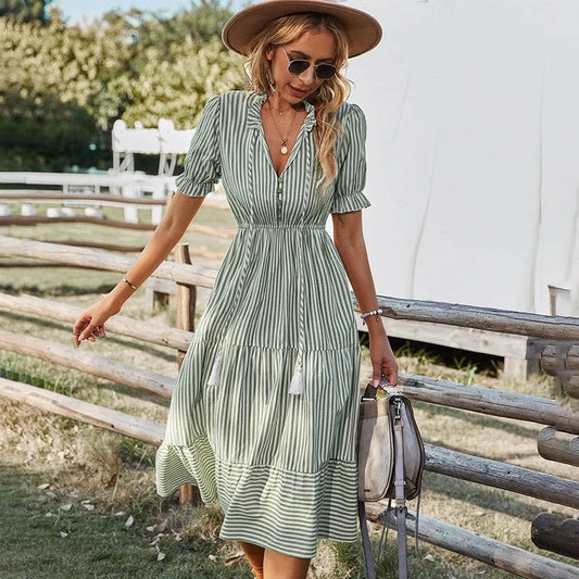 Hot Sale 2024 summer fashion striped v neck puff sleeve ruffle hem casual midi dress women
