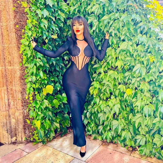 Hot Sale Black Long-Sleeved Mesh Semi-Permeable Sexy Long Bandage Dress Elastic Bag Hip Skirt Round Neck Shoulder Pad Dress