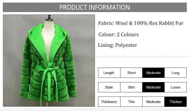 Hot Sale Detachable Double Sides Wool Hooded Patchwork Rex Rabbit Fur Coat for Women