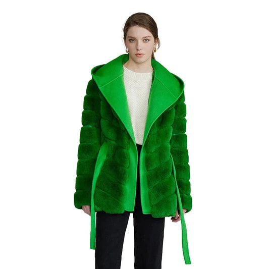 Hot Sale Detachable Double Sides Wool Hooded Patchwork Rex Rabbit Fur Coat for Women