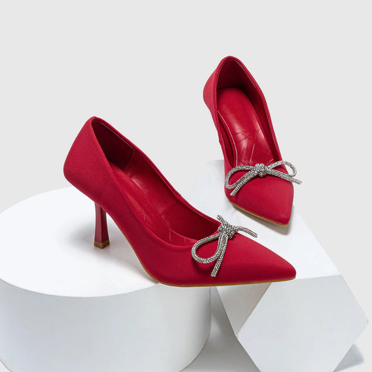 Hot sale Four Seasons French rhinestone bow socialite temperament high heel versatile simple summer plus size single shoes