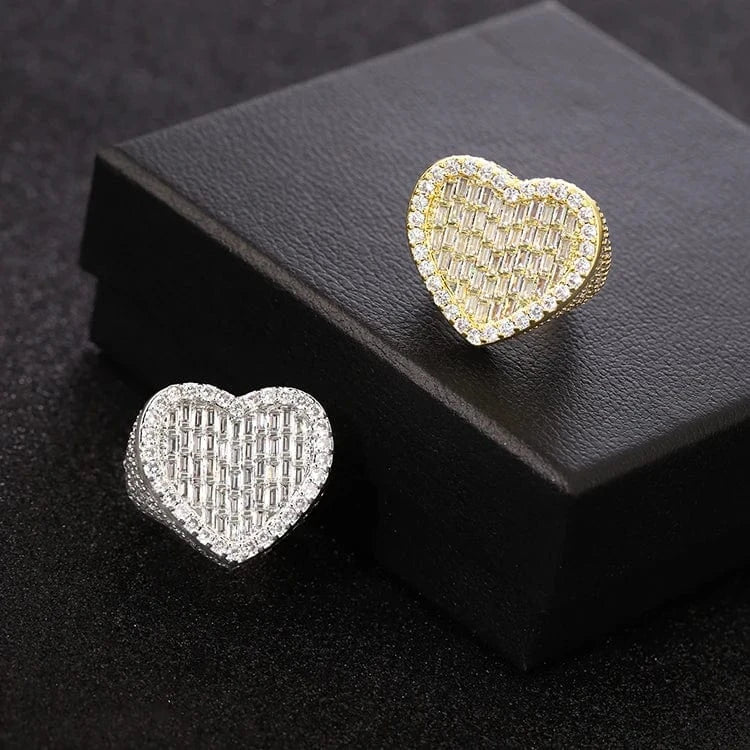 Hot sale heart shape 18K gold plated baguette cut VVS moissanite stones with 925 sterling silver hip hop rings jewelry