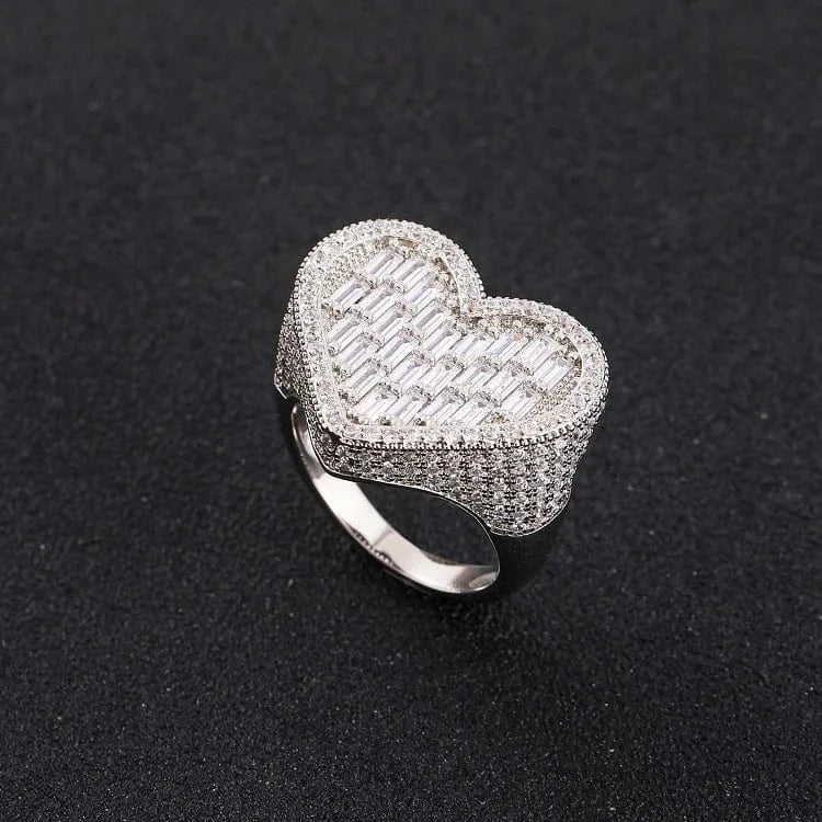 Hot sale heart shape 18K gold plated baguette cut VVS moissanite stones with 925 sterling silver hip hop rings jewelry