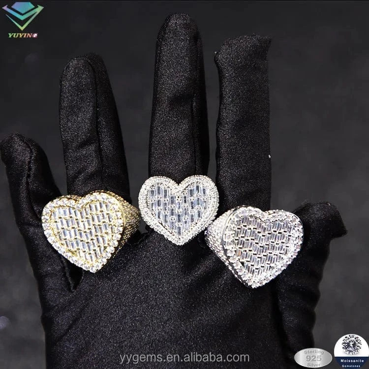 Hot sale heart shape 18K gold plated baguette cut VVS moissanite stones with 925 sterling silver hip hop rings jewelry