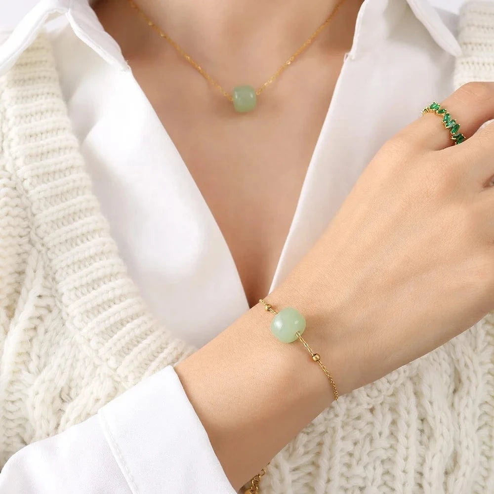 Hot Sale Jade Point Pendant Necklaces And Bracelets Stainless Steel Jewelry Set