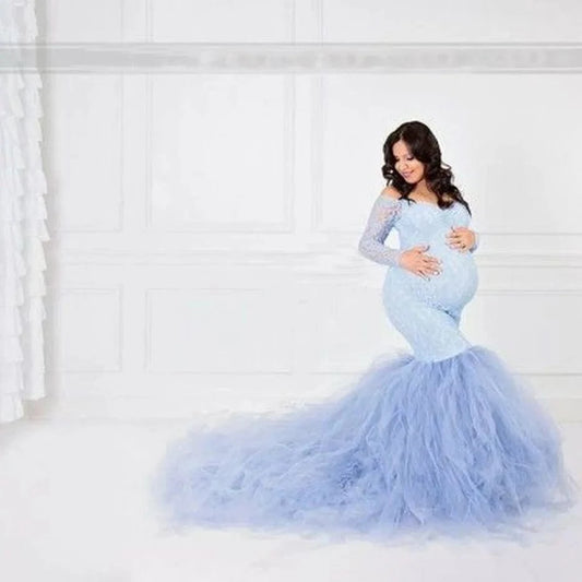 Hot Sale Long Sleeve Lace Stitching Mesh Photoshoot Pregnant Women Long Casual Wedding Tulle Dresses