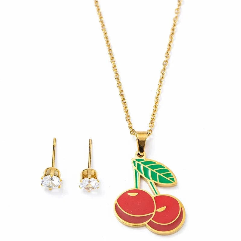 Hot Sale Red Fruit Strawberry Earrings And Necklace Set Stainless Steel Enamel Cherry Pendant Strawberry Necklace