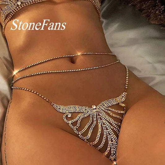 Hot Sale Sexy Body Chain Crystal Heart Thong Rhinestone Bikini Beach Panties Underwear Belly Chain Jewelry
