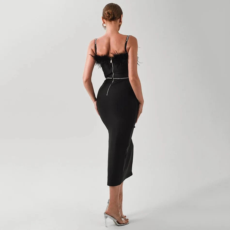 Hot Sale Sexy Night Party Dresses Women Formal  Lady Elegant Black Feather Mini Bandage Dress