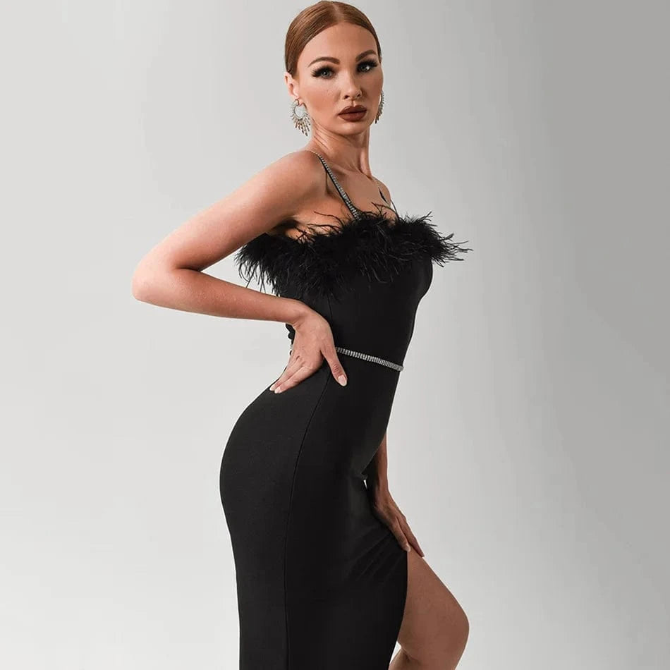 Hot Sale Sexy Night Party Dresses Women Formal  Lady Elegant Black Feather Mini Bandage Dress