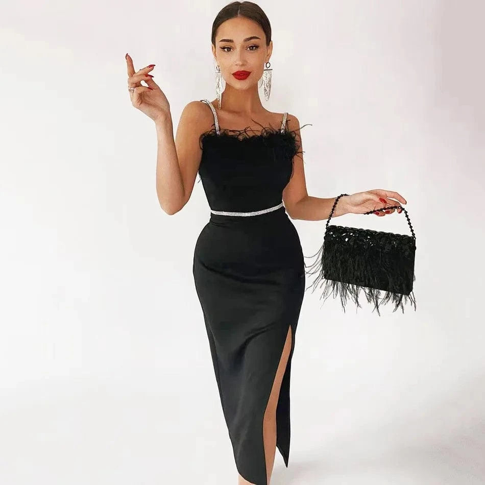 Hot Sale Sexy Night Party Dresses Women Formal  Lady Elegant Black Feather Mini Bandage Dress