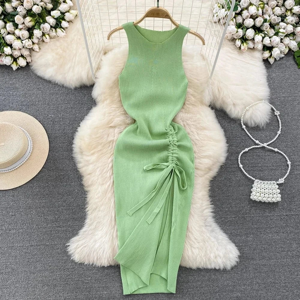Hot Sale Sexy Vest Dress Summer Fashion Round Neck Backless Dress Lady Sleeveless Slit Knitted Sheath Dress