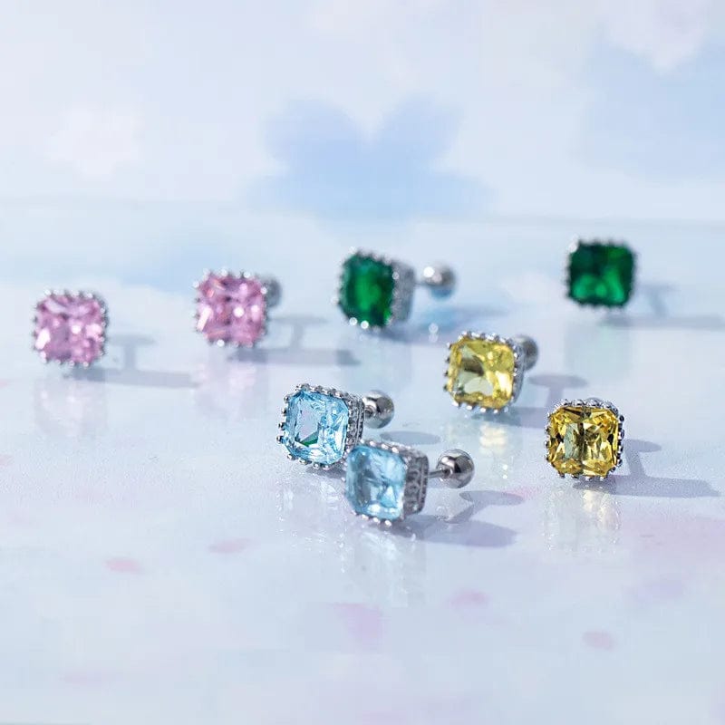 Hot Sale Simple Fashion Pure 925 Sterling Silver jewelry Colorful square Shaped Zircon Stud Earring For Women Girls Gifts